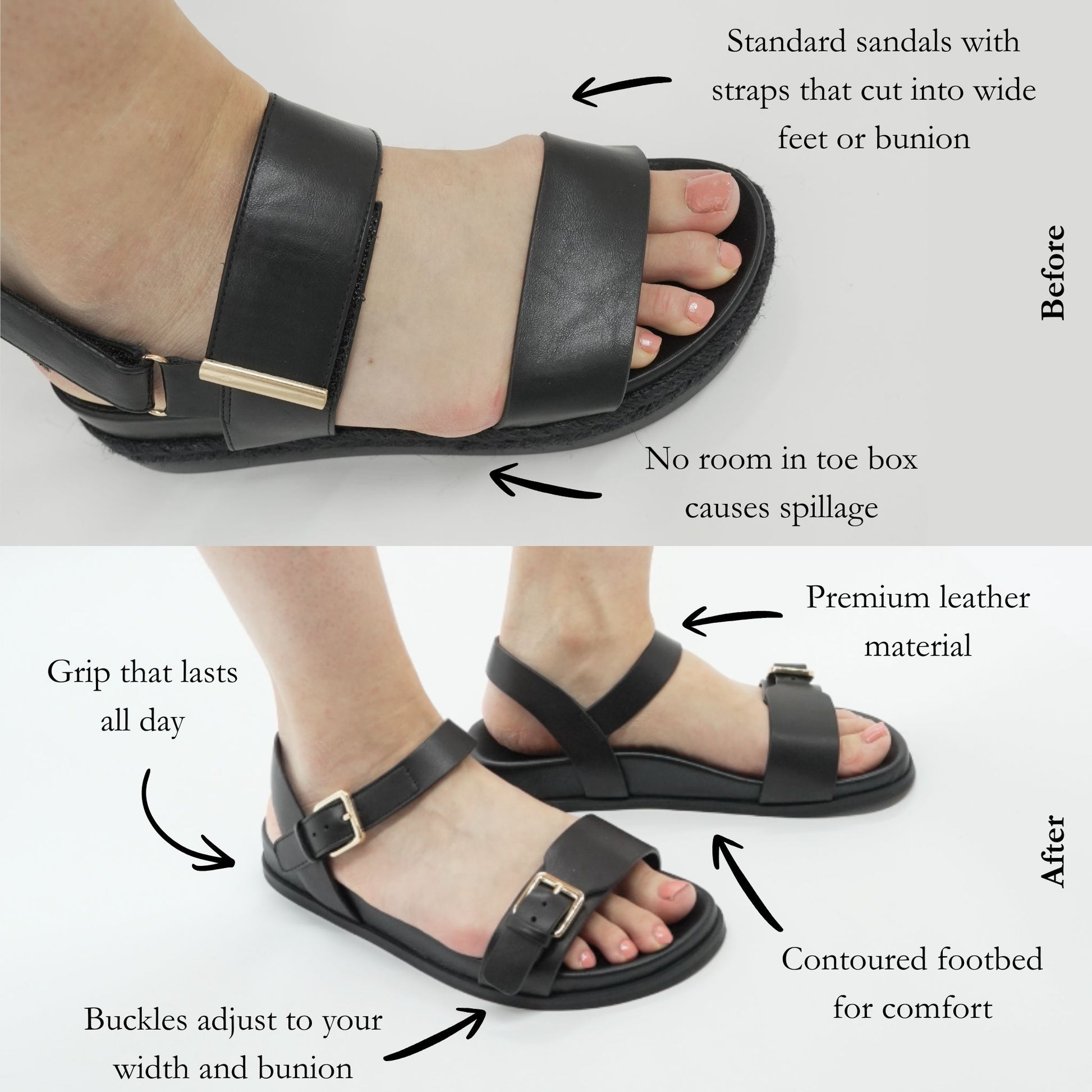 Black wide fit sandals with features highlighted on a white background