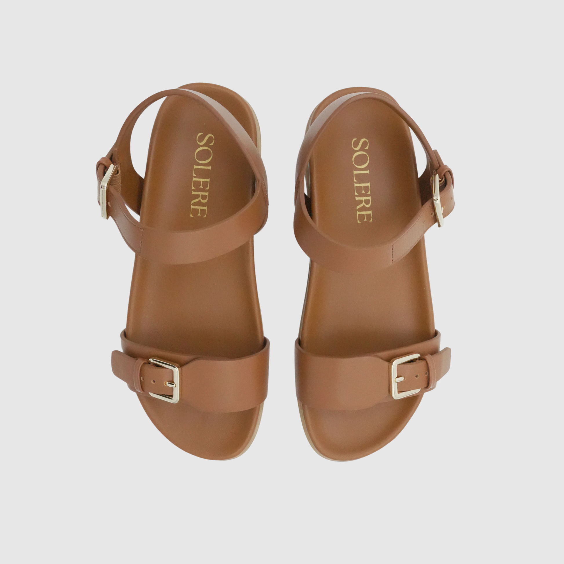 Brown wide fit bunion friendly sandals with gold buckle