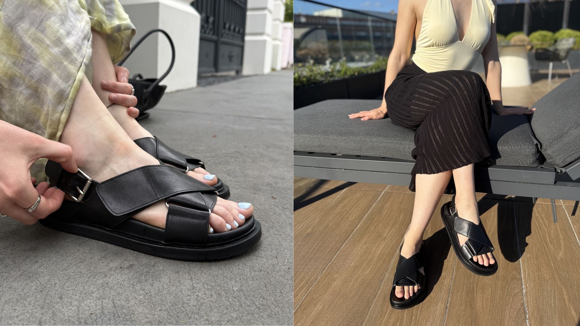 Black sandals being worn on a person's foot, followed by a person wearing the sandals outdoors.