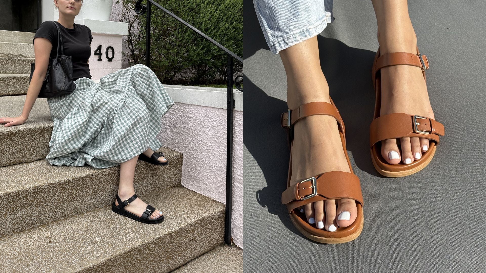 Person wearing brown sandals on a gray surface, with another person sitting on steps in the background.